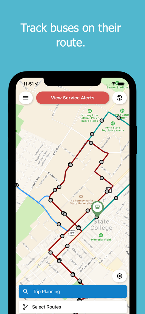 myStop Mobile - Real time bus tracking map on the myStop Mobile app interface showing a transit route in State College Pennsylvania