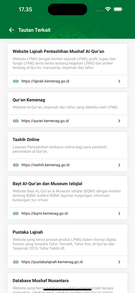 Official related links and resources screen in the Quran Kemenag app
