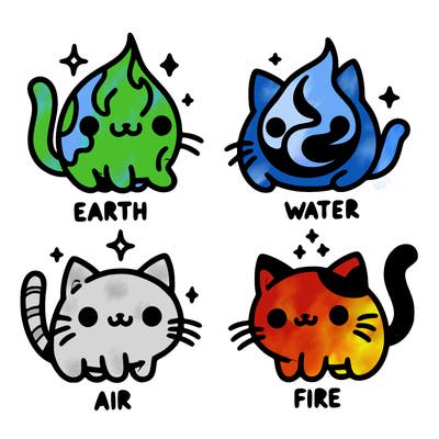 4 cats that represent the different elements, earth, water, air, and fire