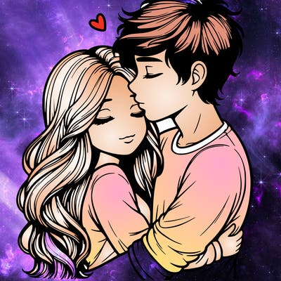 a realistic couple boy and girl hugging and kissing