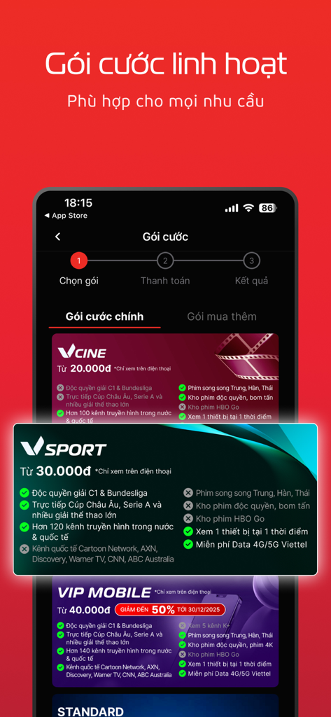 TV360 – Truyền hình trực tuyến - Oberfläche der TV360 App, die verschiedene flexible Abonnementpläne anzeigt.