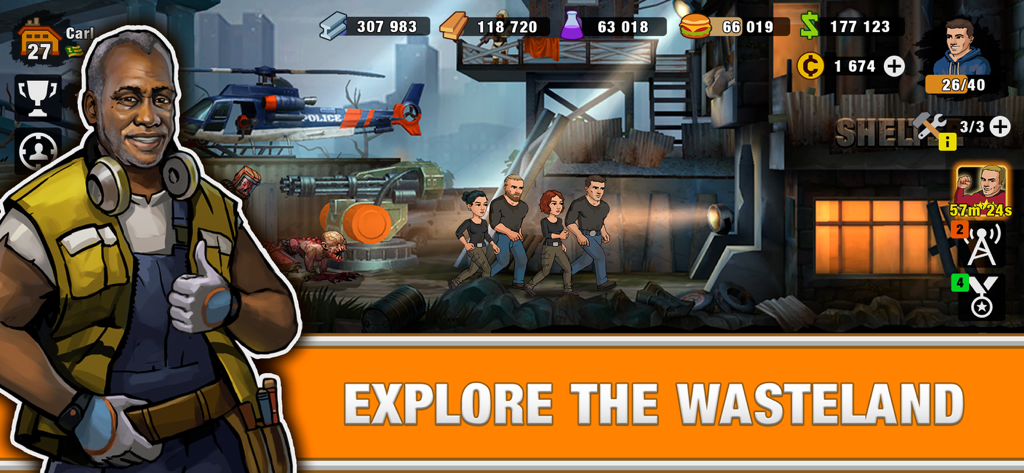 Sopravvissuti in una base con un grande striscione che dice Esplora la terra desolata in Zero City Zombie Shelter Game