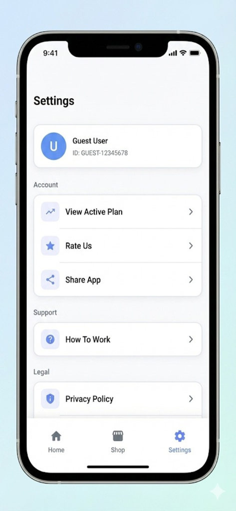 Página de configurações do aplicativo XRP Cloud Mining TapMiner com perfil de usuário convidado e links de conta.
