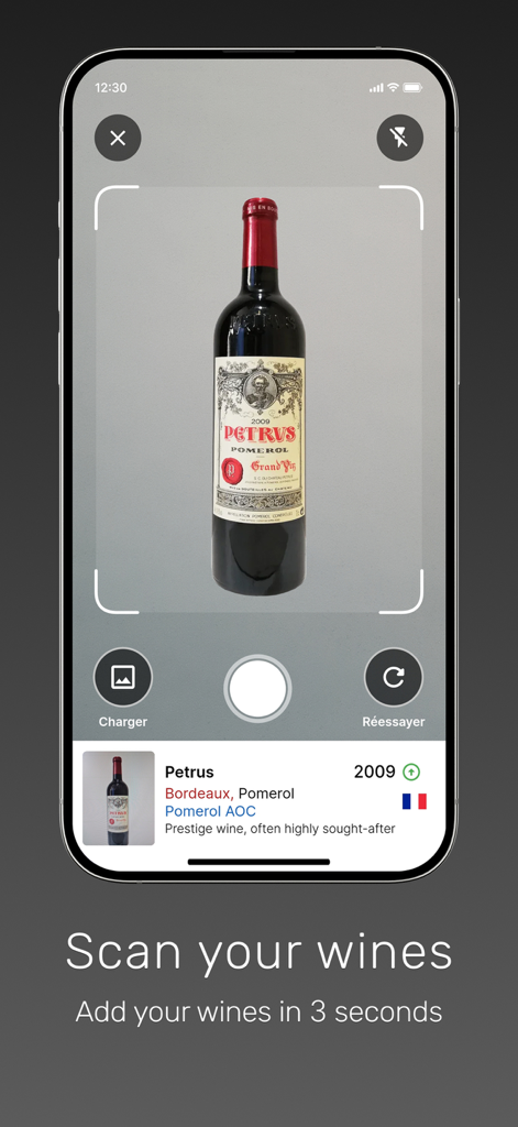 My wines cellar - Smartphone interface scanning a wine bottle label to quickly add it to a digital cellar