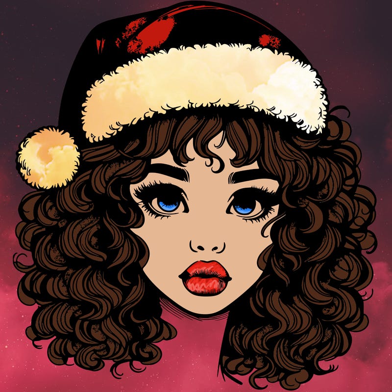 realistic girl with a santa hat curly hair and lips