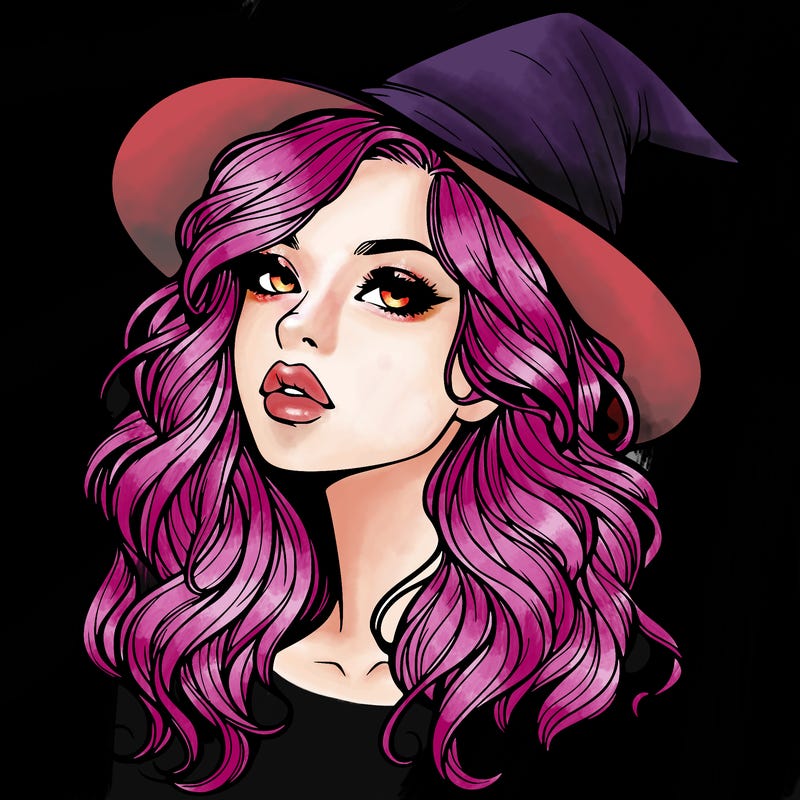 realistic witch girl with wavy hair and lips