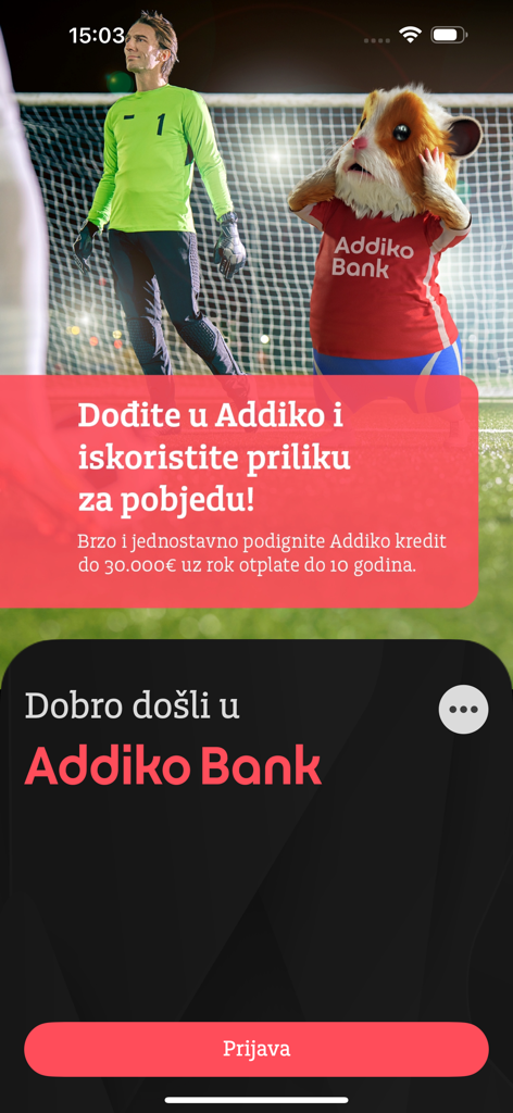 Addiko Mobile Crna Gora - Addiko Bank mobile app welcome screen featuring a mascot and a login button