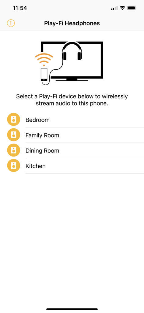Play-Fi Kopfhörer App-Oberfläche mit einer Liste von Räumen zur Auswahl für drahtloses Audio-Streaming