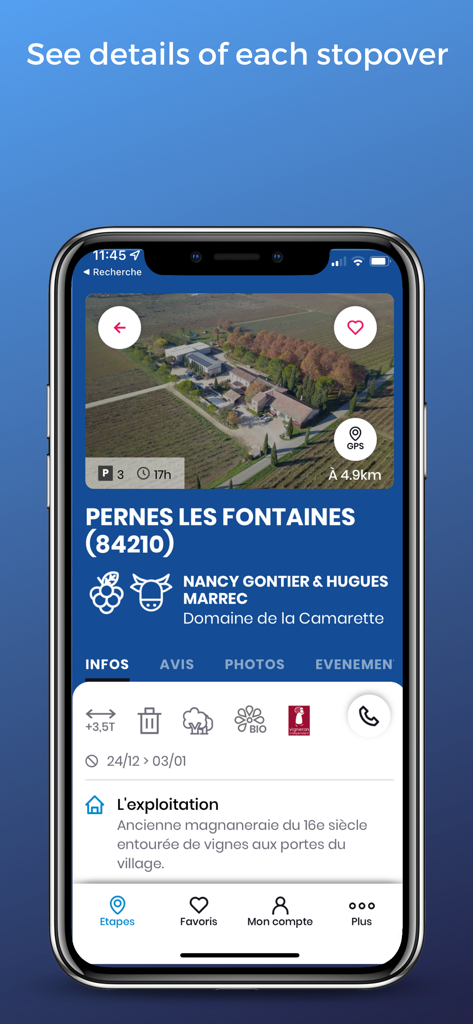 Una pantalla móvil mostrando los detalles de la parada de la aplicación France Passion para un viñedo en Pernes les Fontaines.