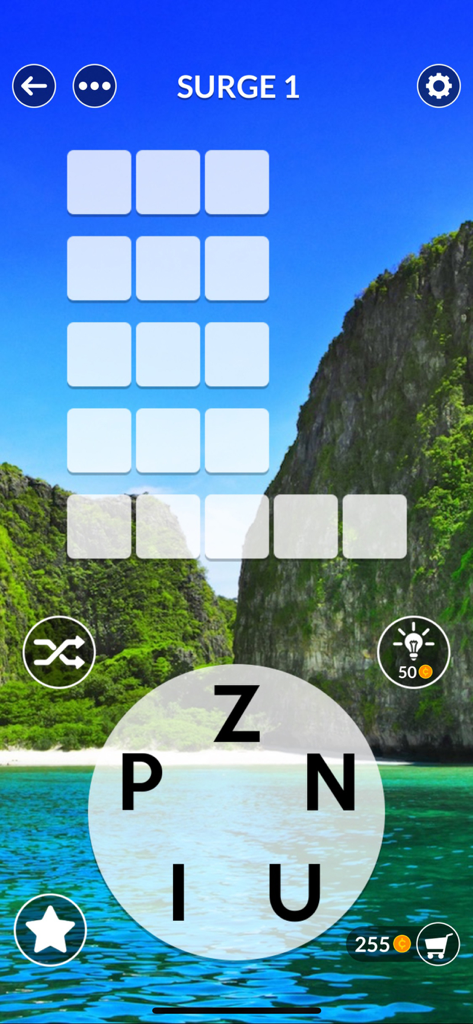 Gameplay de Wordscapes Uncrossed avec un puzzle de mots sur fond de plage tropicale