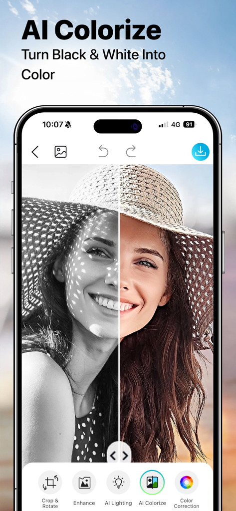 YouCam Enhance: Photo Enhancer - Confronto a schermo diviso di una foto in bianco e nero che viene colorizzata utilizzando l'app YouCam Enhance.