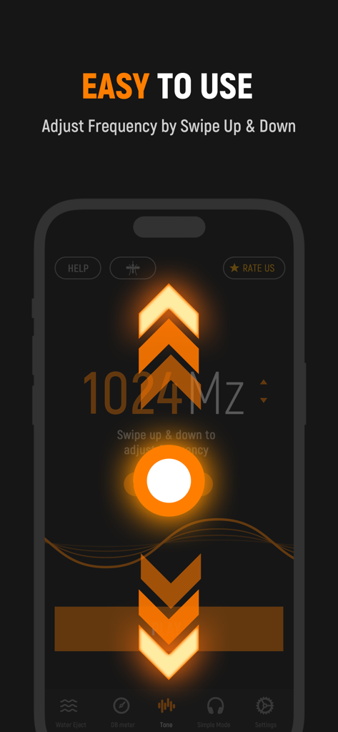 Interface of Frequency Sound Generator app showing frequency adjustment by swiping up and down