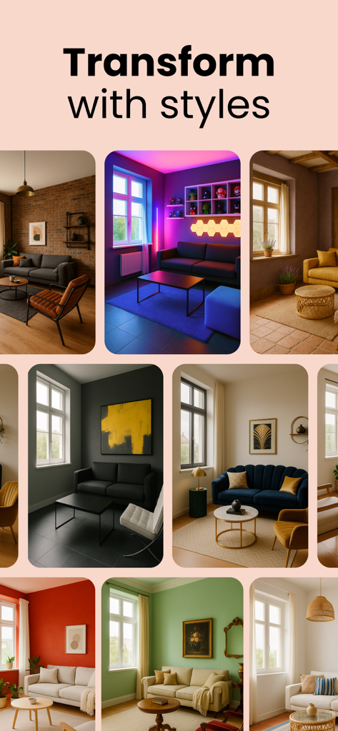 Una colección de varios estilos de diseño de interiores de salas de estar y combinaciones de colores generadas por IA.