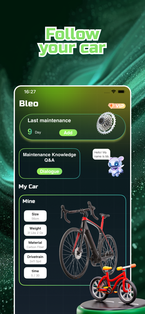 Interface da app Bleo a exibir o histórico de manutenção da bicicleta e especificações técnicas para uma bicicleta de estrada.