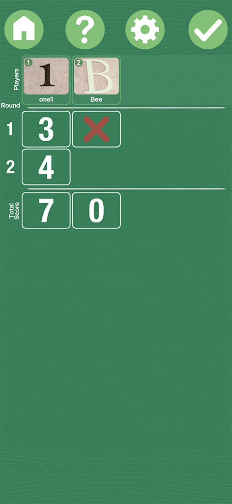Mölkky® Game Tracker - Interfaccia del tabellone segnapunti dell'app Mölkky Game Tracker che mostra i punti del round e i punteggi totali per due giocatori