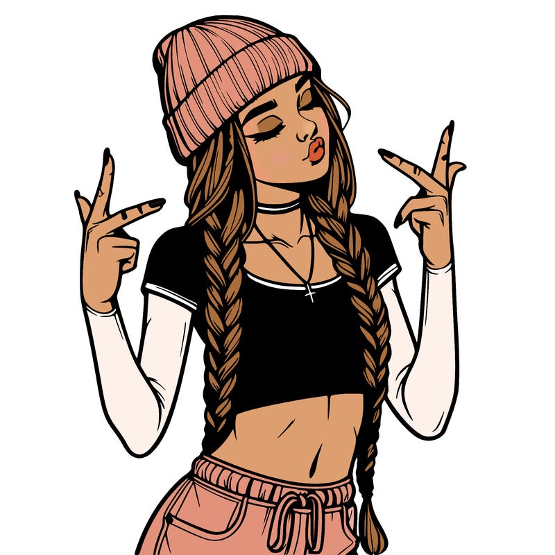 realistic teenage girl with braids and a beanie and crop top doing 🫶🏼