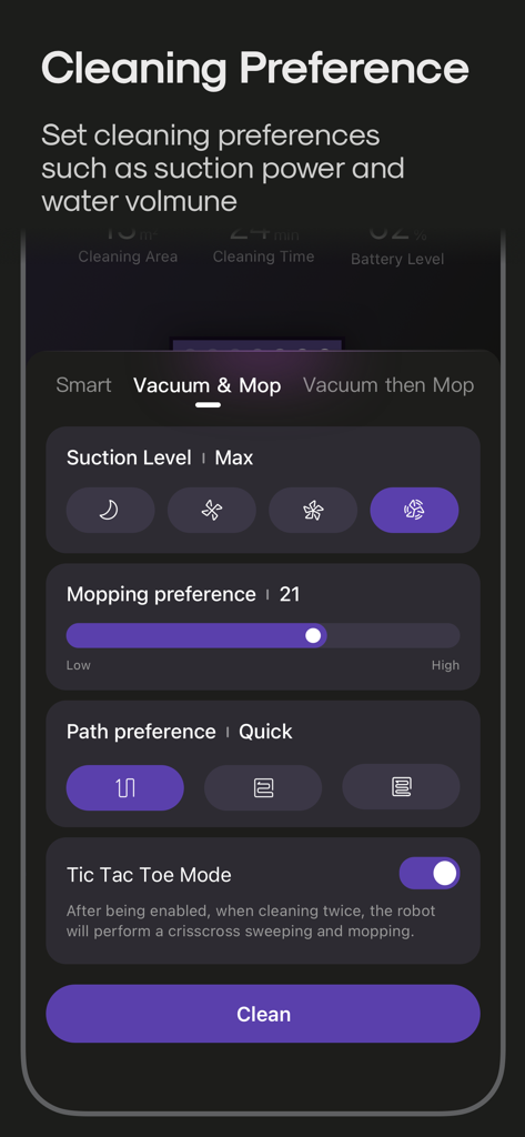 Captura de pantalla de la interfaz de la app eureka robot que muestra las preferencias de limpieza, incluido el nivel de succión, la intensidad de la fregada y la selección de la ruta de limpieza.