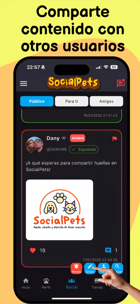 Smartphone-Bildschirm der SocialPets-App, der einen sozialen Feed zum Teilen von tierbezogenen Inhalten und Fotos mit der Community anzeigt.