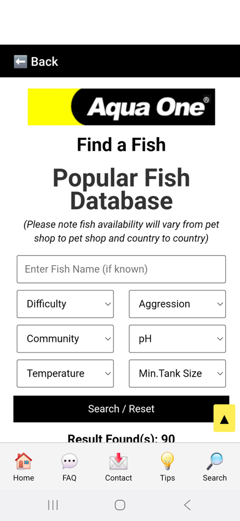 Aqua One - Interface of the Aqua One app showing a fish database search tool with filters for difficulty, aggression, and water conditions.