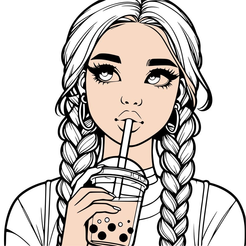 realistic girl with braided hair drinking boba