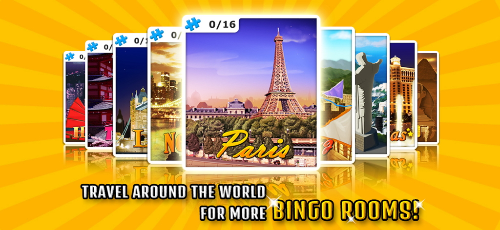 Bingo Craze! - A display of world travel themed bingo rooms in the Bingo Craze mobile app