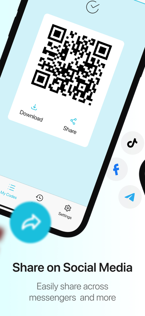 Smart QR Scanner & Maker - Interface of Smart QR Scanner and Maker showing options to share generated QR codes on social media