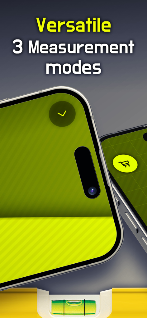 Bubble Level: AR, Angle Finder - Pantalla de smartphone que muestra la interfaz del nivel de burbuja digital con tres modos de medición sobre un nivel de burbuja físico.