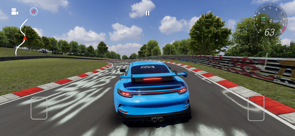 Apex Racing - A blue sports car driving on a realistic racetrack with a speedometer and game interface in Apex Racing.