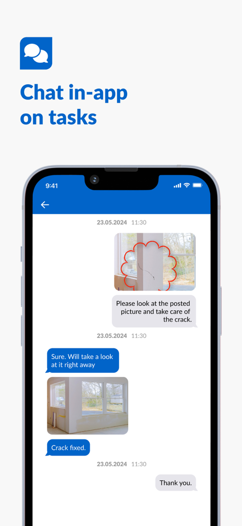 PlanRadar Construction Manager - PlanRadar mobile app interface showing an in-app chat conversation with site photos for task coordination