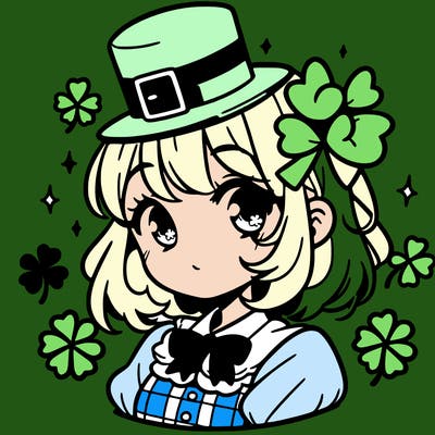 a manga-style girl with clovers around her, a little hat in her hair, like it's saint patrick's day