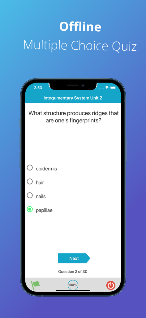 Interface of a multiple choice quiz about the integumentary system showing a question about fingerprints