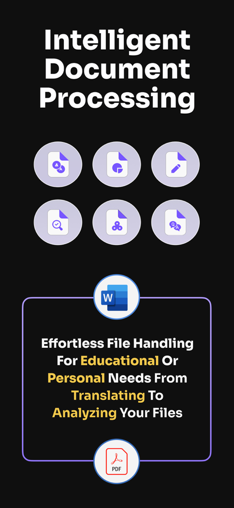 ChatAssist App-Oberfläche, die intelligente Dokumentenverarbeitung für PDF- und Word-Dateien mit Funktionen zur Übersetzung und Analyse von Dokumenten zeigt.