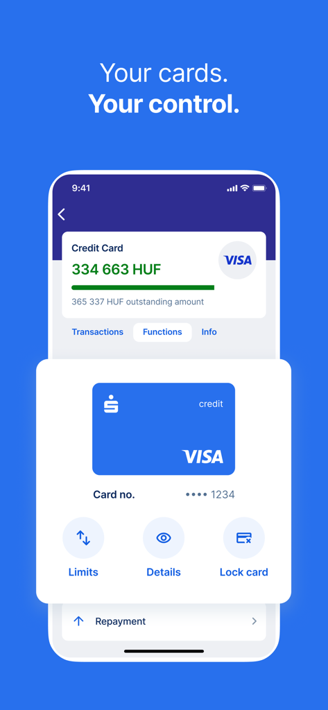 George Magyarország - Interface de l'application mobile George Magyarország montrant la gestion des cartes de crédit avec des options pour définir des plafonds et verrouiller les cartes.