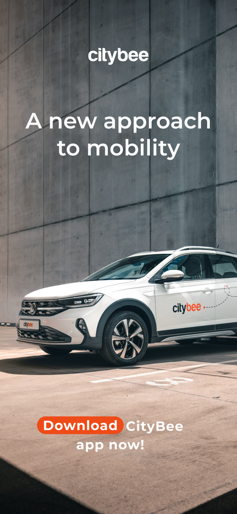 CityBee shared mobility - Ein weißer Volkswagen mit CityBee-Branding und dem Text Ein neuer Ansatz zur Mobilität.