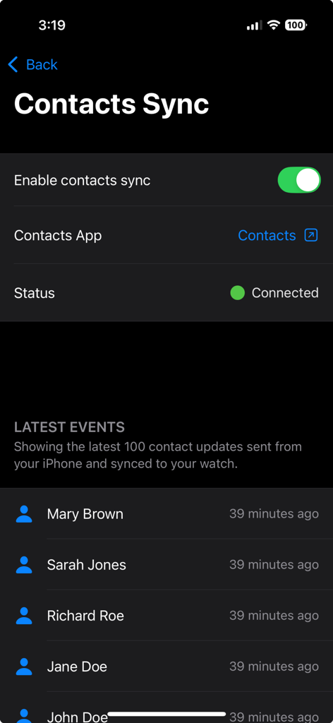 Merge: Connect Android Watches - Mergeアプリの連絡先同期画面。最近の連絡先更新履歴が表示されます。