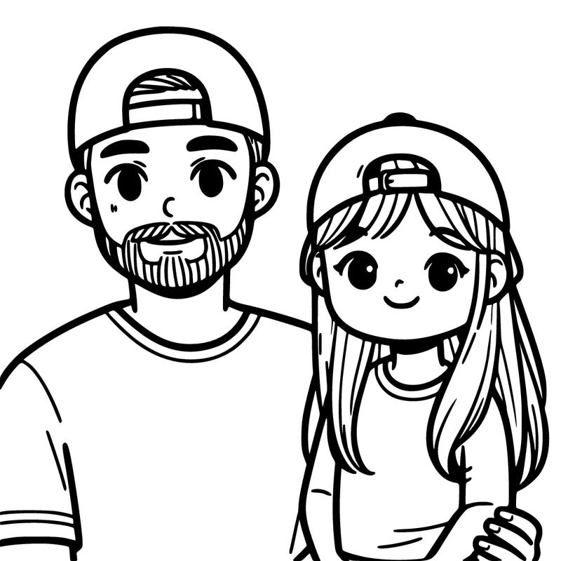 father with a backwards hat and a buzz cut and daughter with long hair