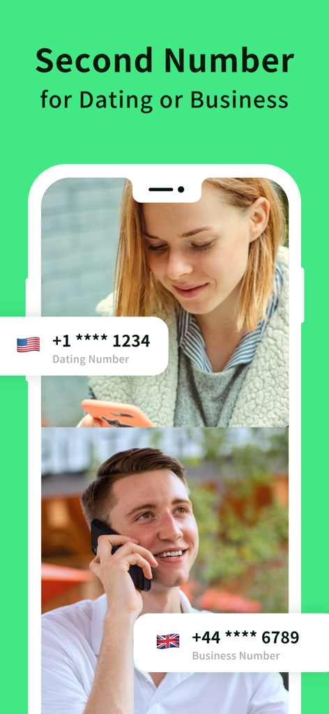 BuzzNow app interface showing a second phone number for dating and business use cases.