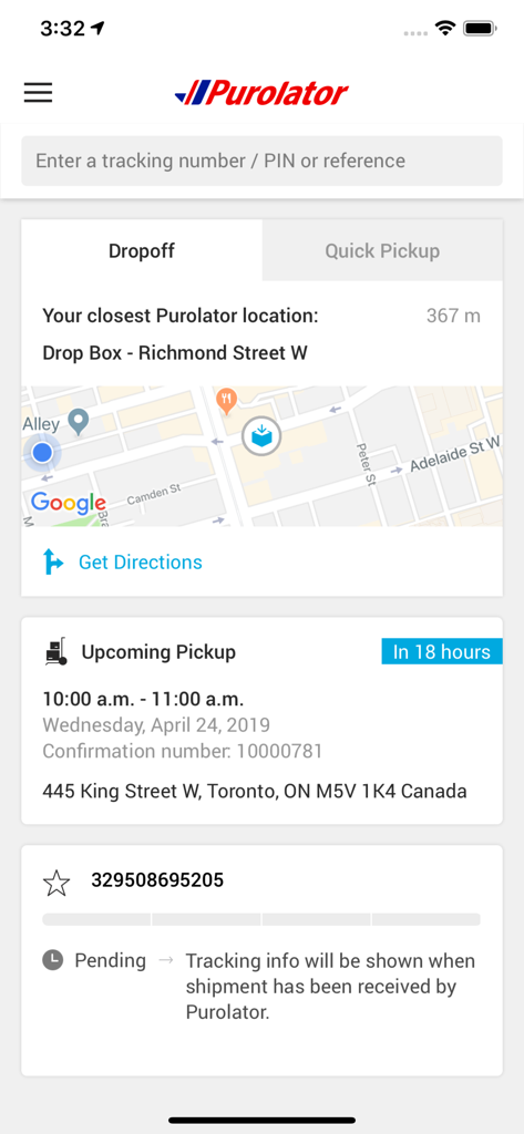 Purolator - A screenshot of the Purolator app interface showing package tracking, a nearby drop-off location map, and upcoming pickup details.