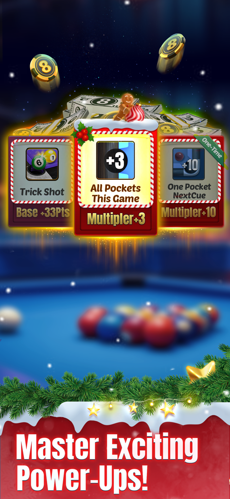 A festive screenshot of 8 Ball Strike showcasing Christmas-themed power-up cards like Trick Shot and All Pockets over a billiards table with cash prizes.