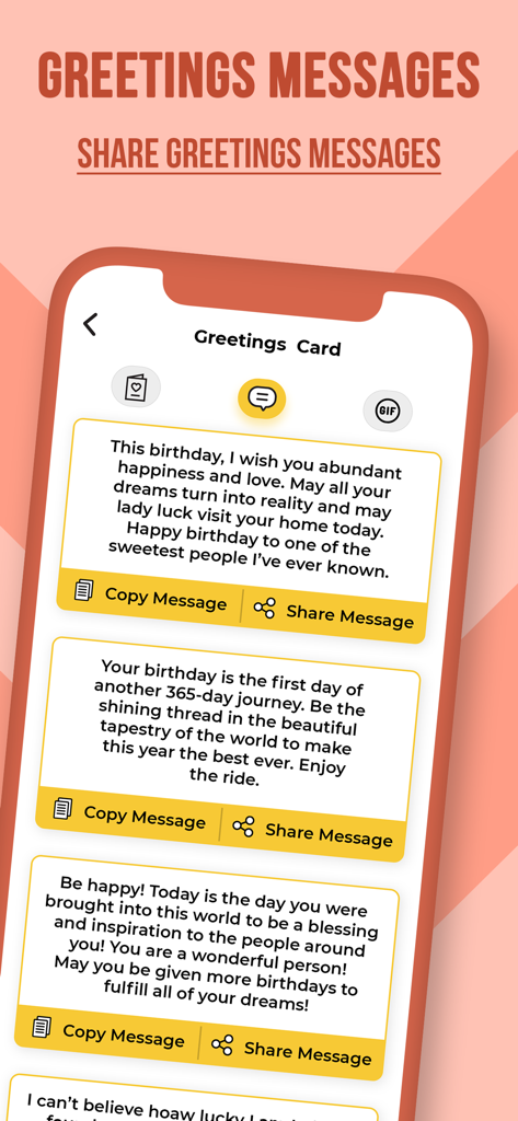 Una pantalla de smartphone mostrando una lista de mensajes de felicitación de cumpleaños con opciones para copiar y compartir cada mensaje.