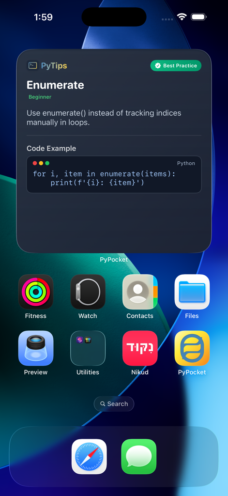 iPhone home screen featuring a PyPocket widget that displays a Python tip about using the enumerate function with a code example