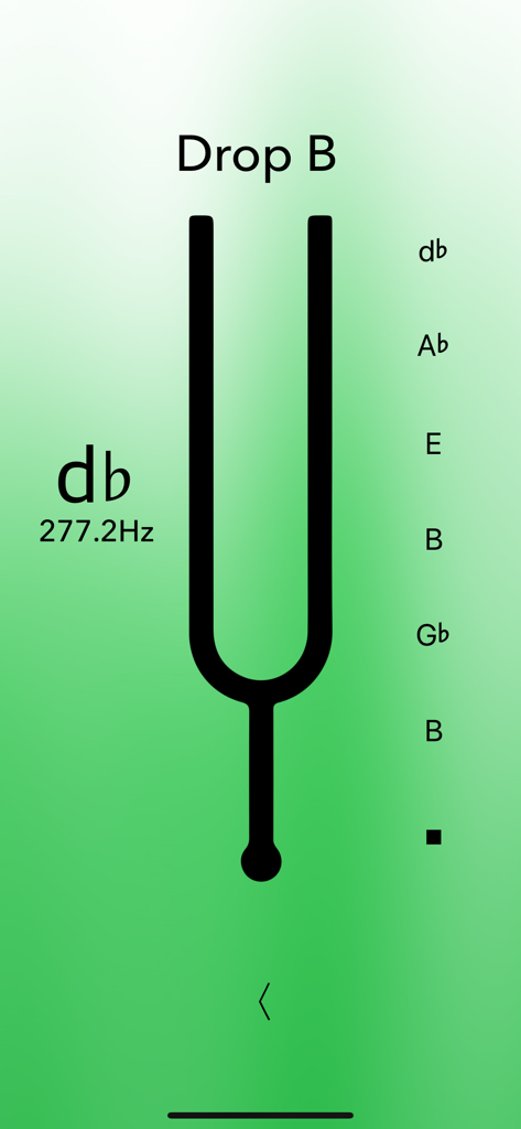 Acoustic Guitar Tuner Pro - Interfaz de la aplicación de afinador de guitarra que muestra la afinación Drop B con frecuencia en Hz y un icono de diapasón