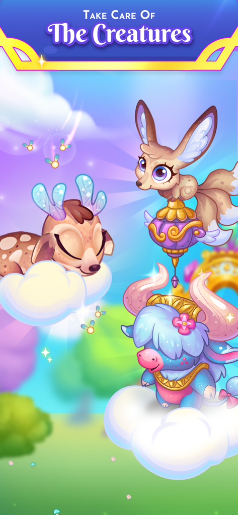 Midas Merge: Relaxing Games - Three cute mystical creatures in a vibrant fantasy garden with the text Take Care Of The Creatures
