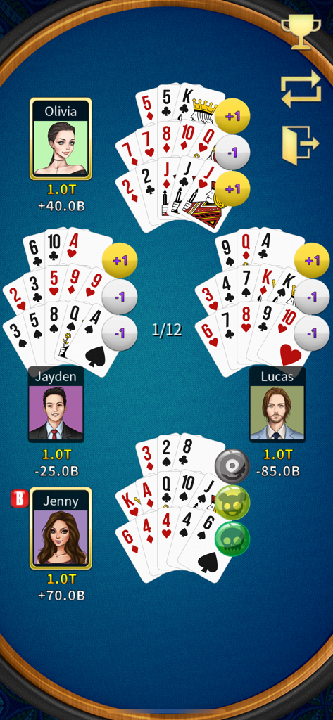Gameplay screenshot of Chinese Poker Offline KK Pusoy showing a four player card match