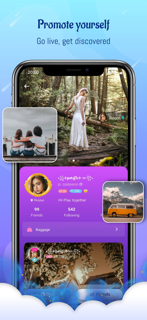 OyeTalk app interface showing a user profile screen with the text Promote yourself and Go live get discovered.
