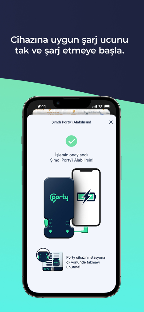 Porty app screen showing a successful powerbank rental confirmation and instructions for use