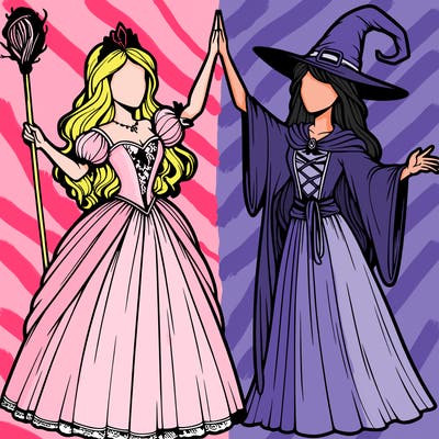 detailed realistic split of a princess and a witch