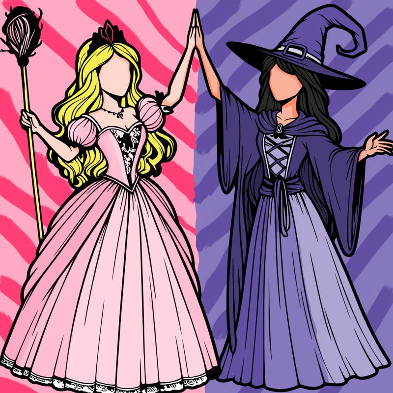 detailed realistic split of a princess and a witch