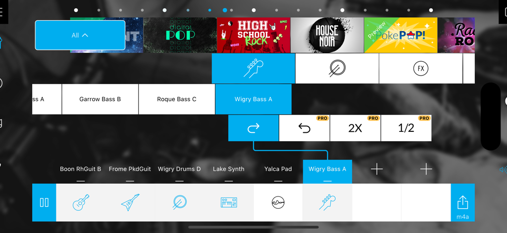 The beat mixing interface of the Music Maker JAM app showing loop selection and instrument tracks