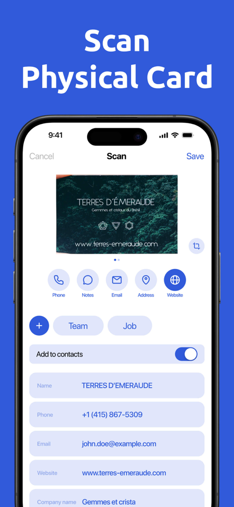 Digital Business Card Scannerㅤ - Digital Business Card Scanner app interface showing the process of scanning a physical business card and extracting contact information.